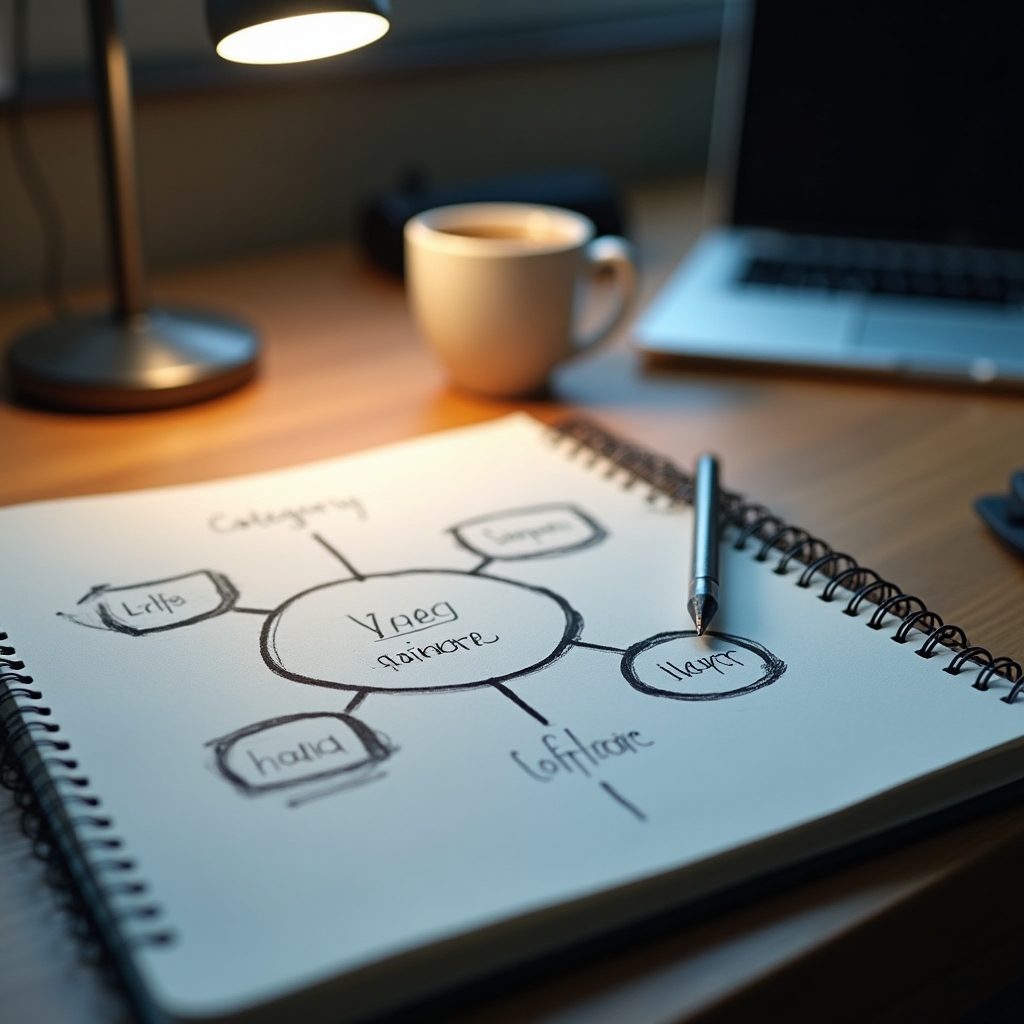 A notebook on a desk with a hand-drawn diagram mapping search intent categories
