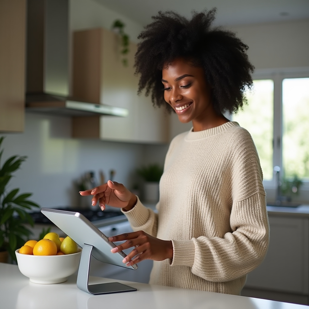 A person completing a grocery order checkout on a tablet at a kitchen counter